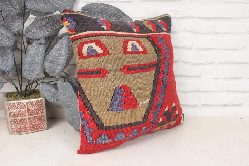 Vintage Pillow Case, Colorful Pillow Cover, Cushion Case, Pet Pillow, 16x16 Red Pillow Sham, Home Decor Pillow, Kilim Cushion Sham, Vintage Pillow - 3