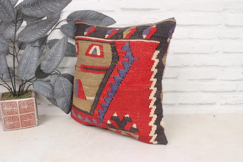 Vintage Pillow Case, Colorful Pillow Cover, Cushion Case, Pet Pillow, 16x16 Red Pillow Sham, Home Decor Pillow, Kilim Cushion Sham, Vintage Pillow - 4