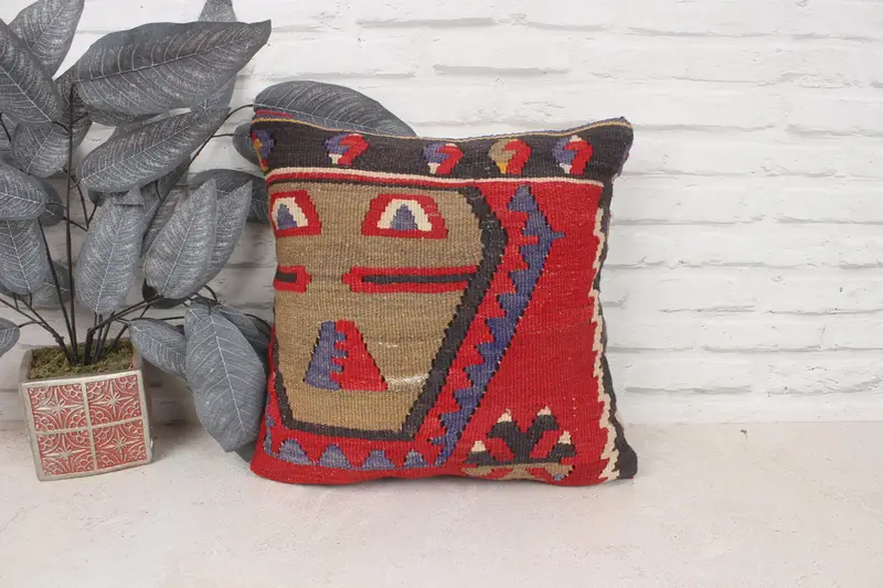 Vintage Pillow Case, Colorful Pillow Cover, Cushion Case, Pet Pillow, 16x16 Red Pillow Sham, Home Decor Pillow, Kilim Cushion Sham, Vintage Pillow - 1