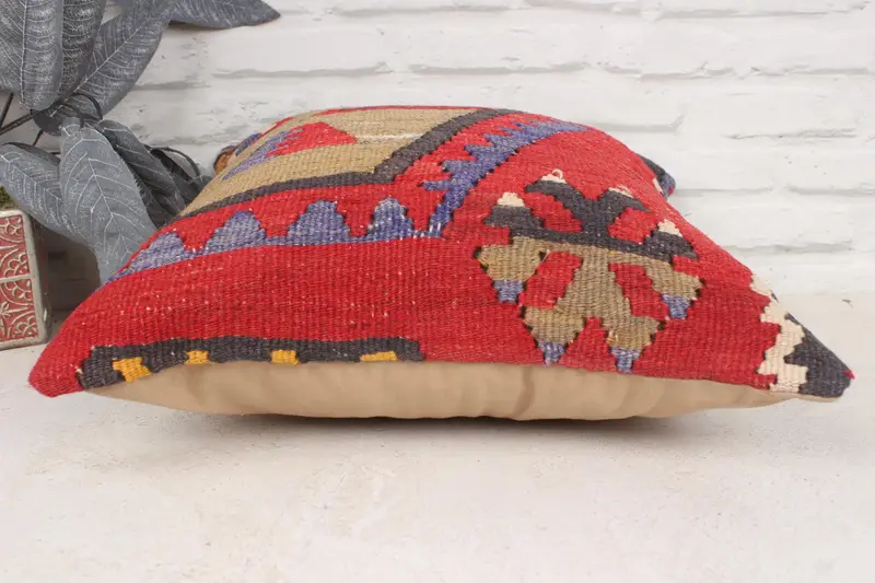 Vintage Pillow Case, Colorful Pillow Cover, Cushion Case, Pet Pillow, 16x16 Red Pillow Sham, Home Decor Pillow, Kilim Cushion Sham, Vintage Pillow - 5