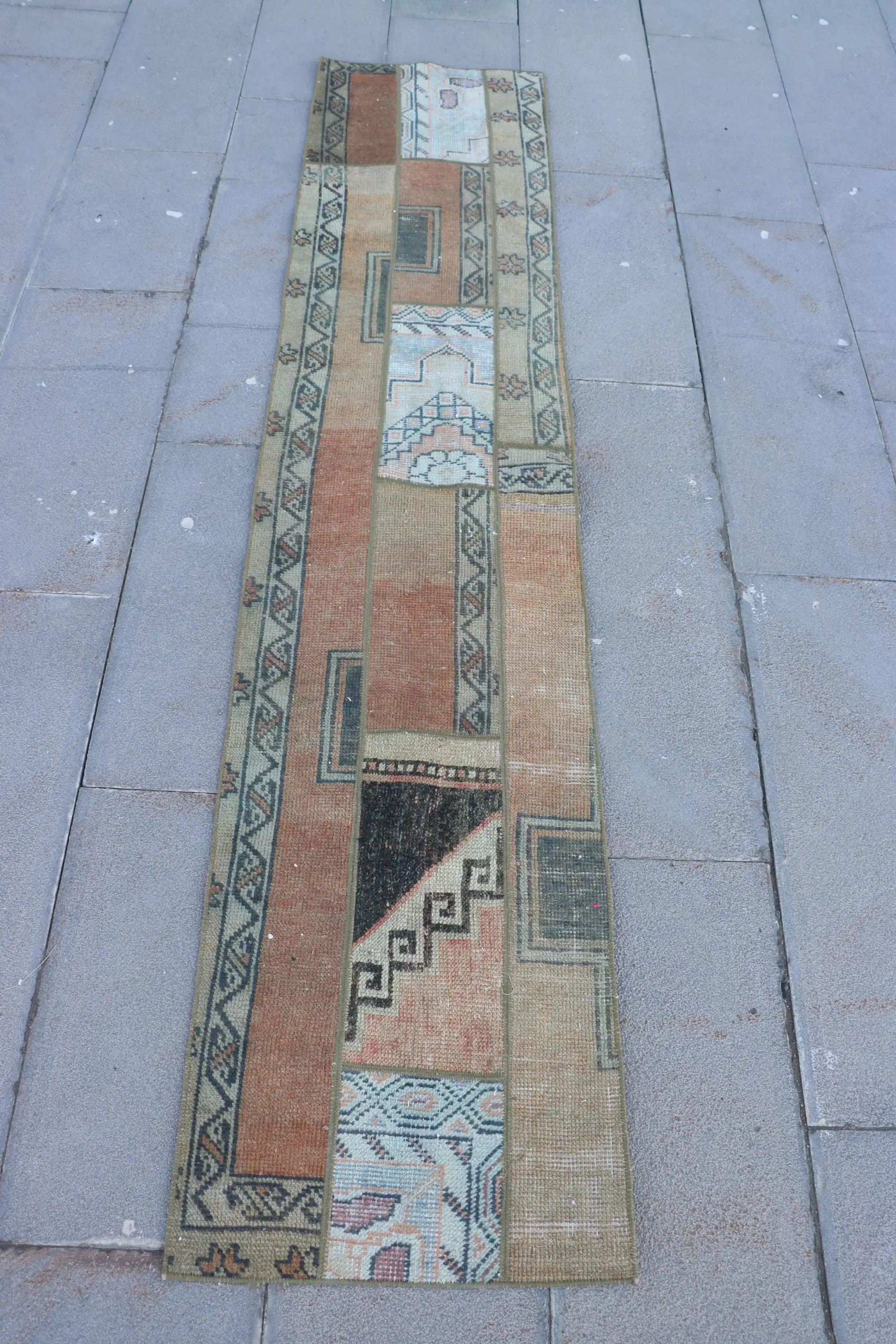 Vintage Rug, 1.6x7.8 ft Turkish Rug, Brown Ikat Wool Rug - 1