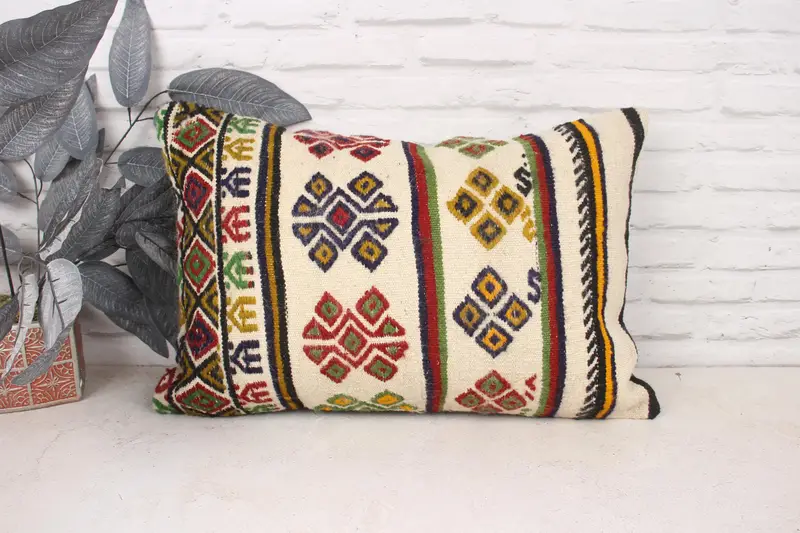 Vintage Kilim Throw Pillow, Boho Pillow, 16x24 White Cushion Case, Cushion Case, Pattern Throw Pillow Sham, Kilim Cushion Sham - 1