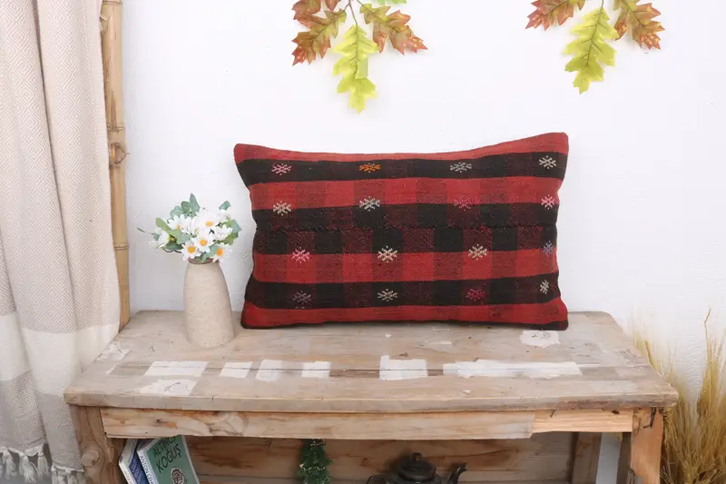 Boho Pillow Sham Cover, Vintage Pillow, Vintage Kilim Pillow, Pillow Sham, Customized Cushion Cover, Aztec Pillow, 12x20 Red Pillow Cover - 1