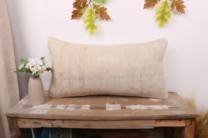 Pillow for Couch, Handmade Throw Pillow Sham, Pillow Cover, 12x24 Beige Cushion Case, Authentic Cushion, Throw Kilim Pillow, Turkish Kilim Pillow - 1