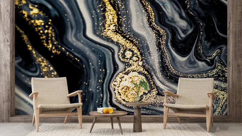 Elegante Tapete mit schwarzem Marmordruck: Luxuriöses zeitgenössisches Dekor