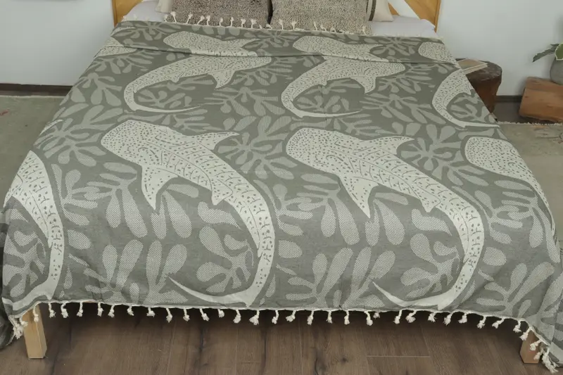 Turkish Blanket Throw, 100x92 Cotton Whale Design Towel, Wedding Favors, Tablecloth, Gift For Her, Woven Blanket, Turkish Beach Blanket - 8
