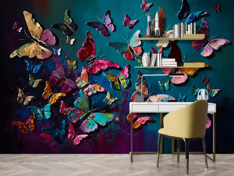 Schmetterlingsmalerei Druckwand Wandgemälde, tierische Tapete, abnehmbares Handypapier, farbenfrohe Wandkunst, Schmetterlingswandabziehbilder, Abziehbilder für Wände, - 5