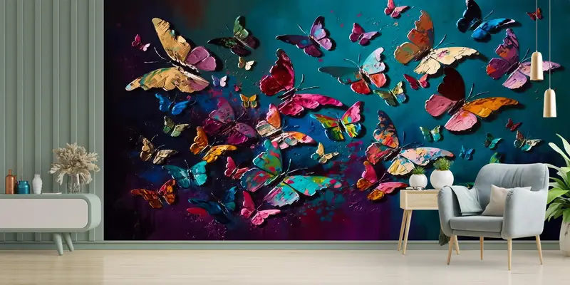 Schmetterlingsmalerei Druckwand Wandgemälde, tierische Tapete, abnehmbares Handypapier, farbenfrohe Wandkunst, Schmetterlingswandabziehbilder, Abziehbilder für Wände, - 3