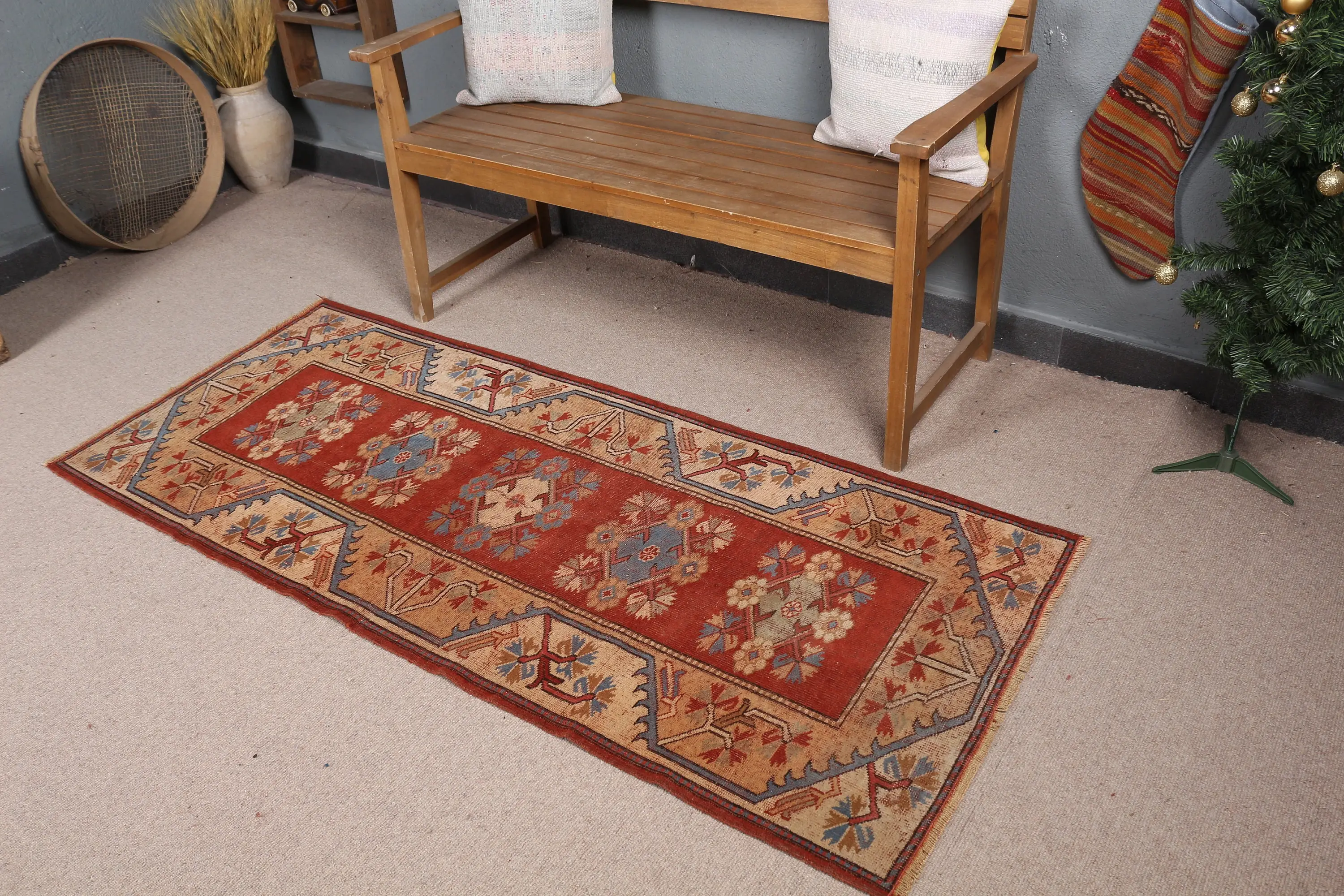 Alfombra turca vintage, alfombra decorativa de 80 x 185 cm, alfombra de lana floral roja - 1