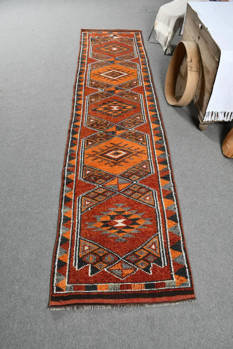 2.7x11.7 ft Vintage Herki Rug, Orange Ombré Turkish Wool Rug - 1