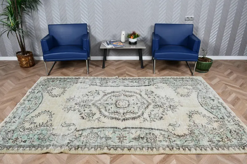 Türkischer 5,4x8,8 ft Teppich, Oushak Vintage Teppich, grüner Tarnwollteppich - 1