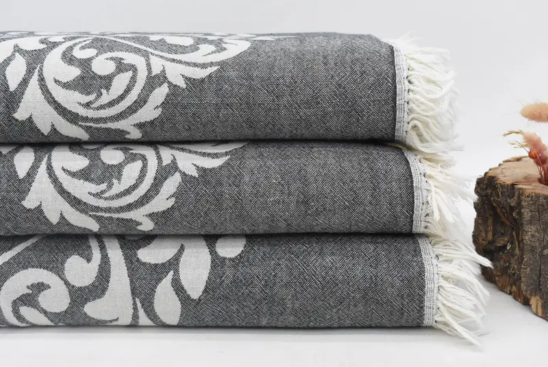 Black Turkish Blanket, Geometric Pattern, Cotton, 95x70 Inches