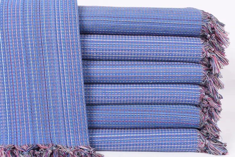 Monogram Blanket Organic Cotton Blue Plaid, 91x87 Inches