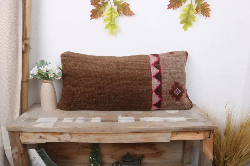 Ethnic Pillow Case, Cushion Cover, Nomadic Pillow, Vintage Kilim Pillow, 12x24 Brown Pillow Case, Antique Pillows, Bed Cushion Cover, Turkish Pillow - 1