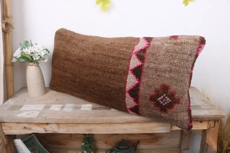 Ethnic Pillow Case, Cushion Cover, Nomadic Pillow, Vintage Kilim Pillow, 12x24 Brown Pillow Case, Antique Pillows, Bed Cushion Cover, Turkish Pillow - 4