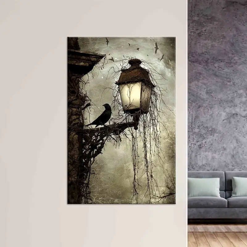 Bezaubernder Nachtlandschafts-Krähen-Straßenlaternen-Leinwanddruck