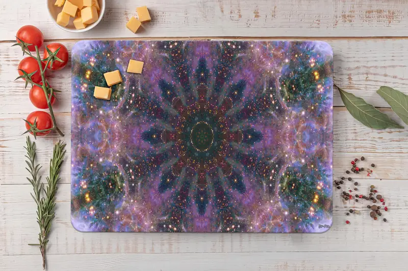 パープルマンダラガラスカッティングボード、モダンキッチンエッセンシャル