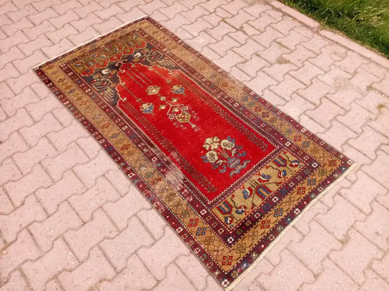 Alfombra Oriental Roja, 3,08x5,83 ft Elegantes Detalles Verdes