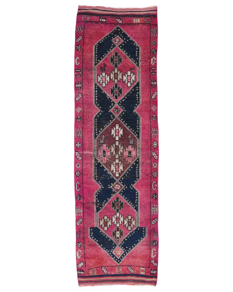 ピンクのラグにブルーのアクセント、3.3x11.3フィートの花柄