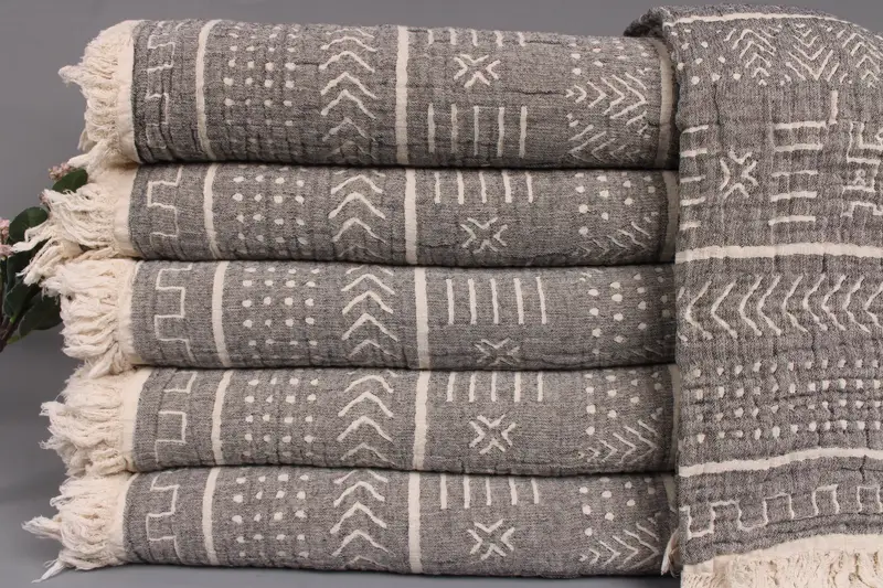 Turkish Ethnic Design Blanket, Black, Beige, 79x91 Inches