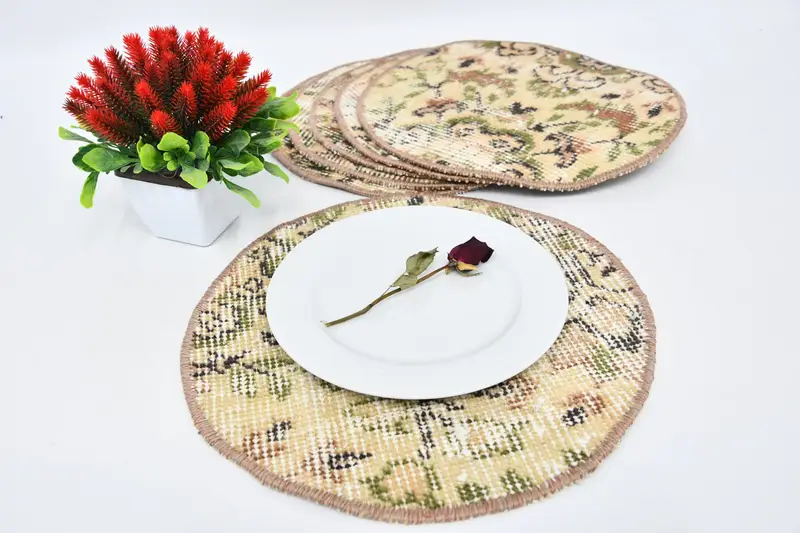 Boho Beige & Green Circle Placemats, decoración de lana de algodón Art Déco
