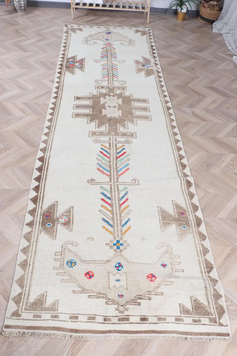 Handmade Beige & Brown Polka Dot Rug, 0.3x11.8 ft