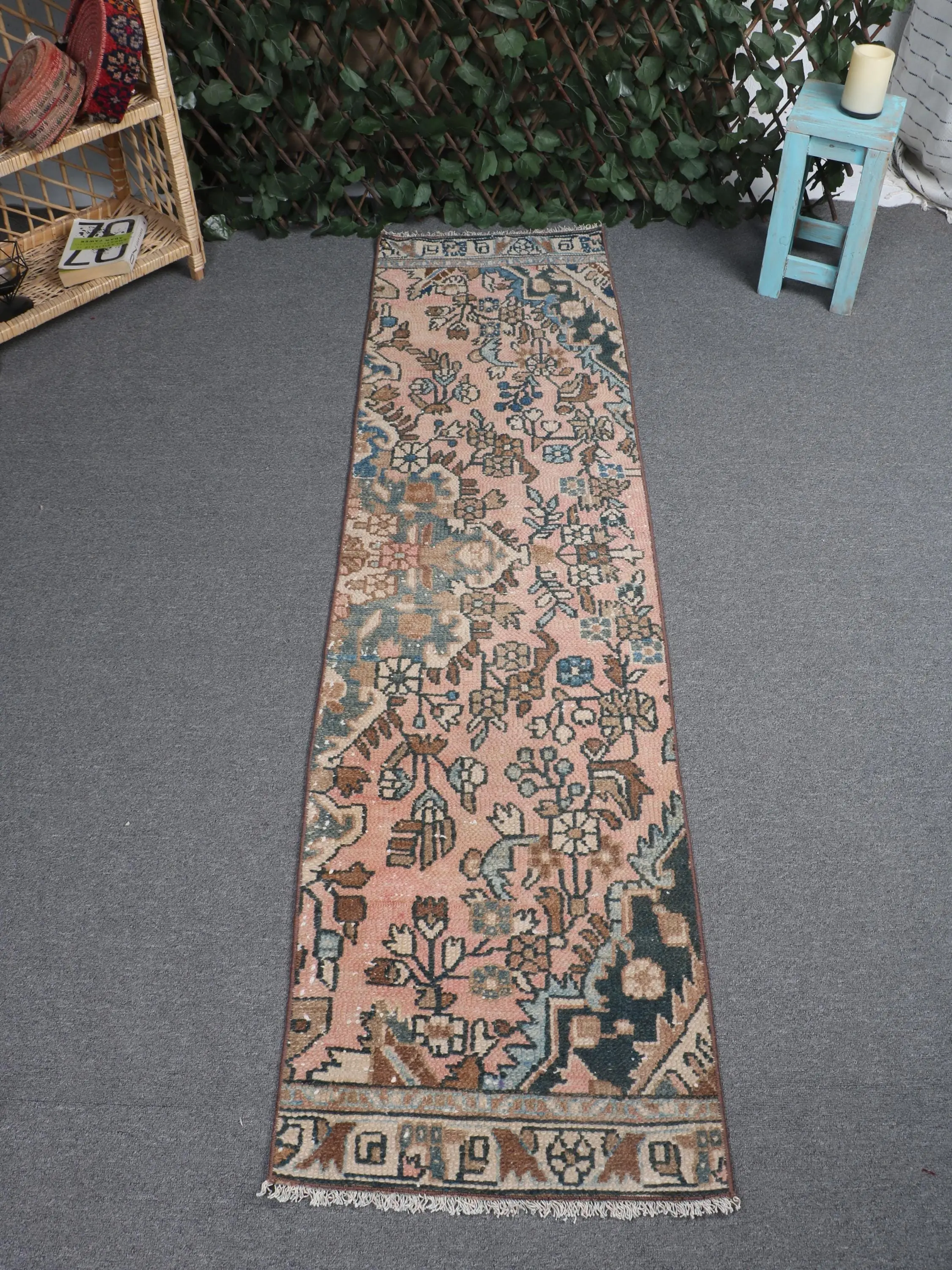 Vintage Turkish Rug, Runner 1.6x6.2 ft (49x188 cm) Rug, Blue Southwestern Wool Rug - 1
