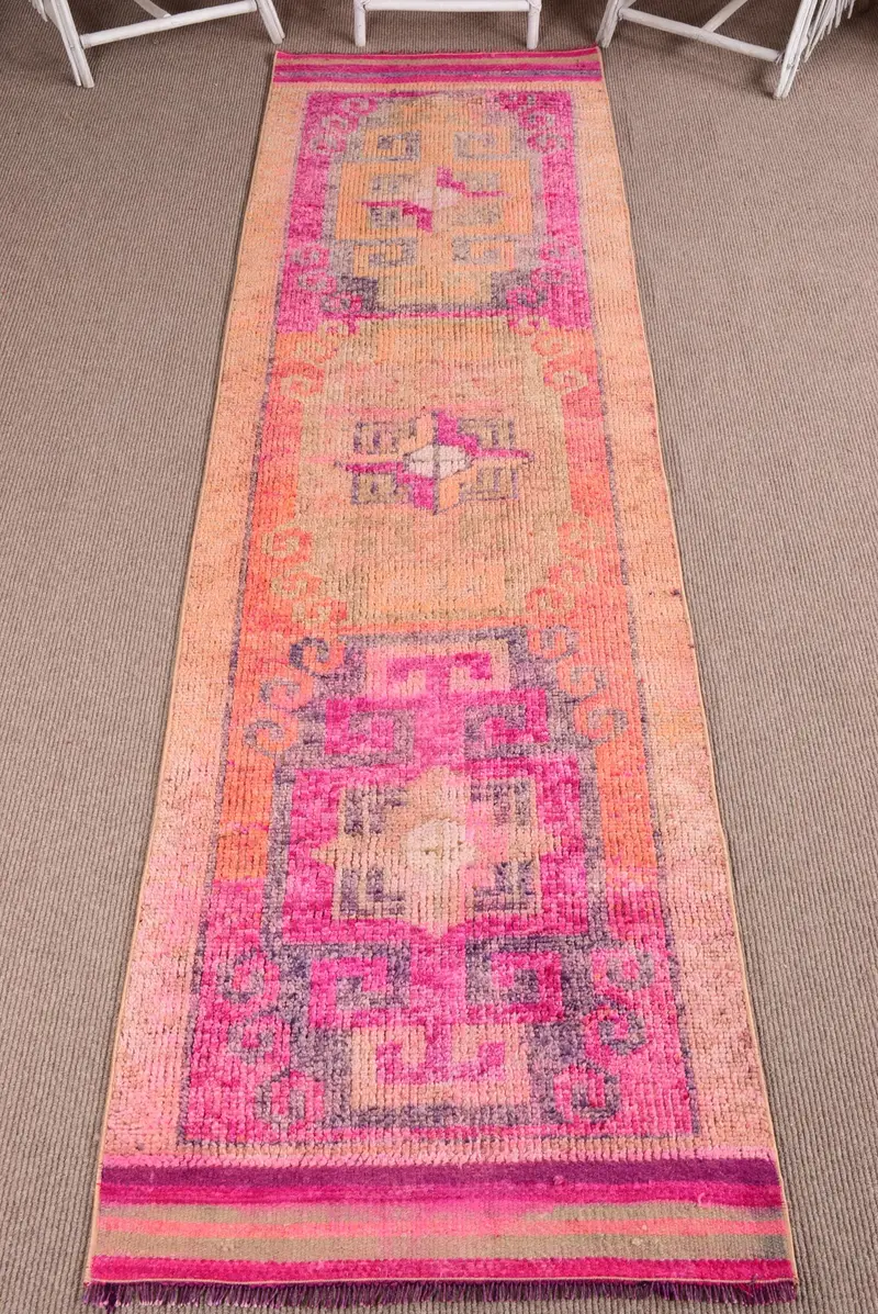 3x10.7 ft Türk Herki Halısı, Vintage Halı, Pembe Kamuflaj Yün Halı - 1