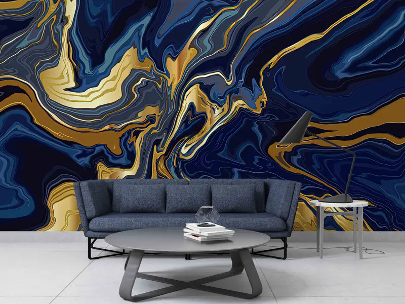 Navy Blue Shimmery Gold Marble Printed Wallpaper: Modern Elegance