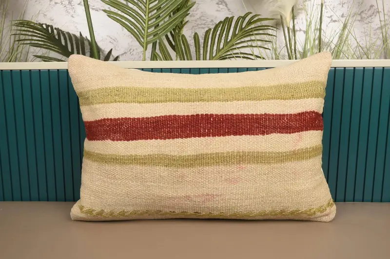 Handwoven Vintage Beige Pillow Sham, Moroccan 16x24 inch Striped Cushion Cover - 1
