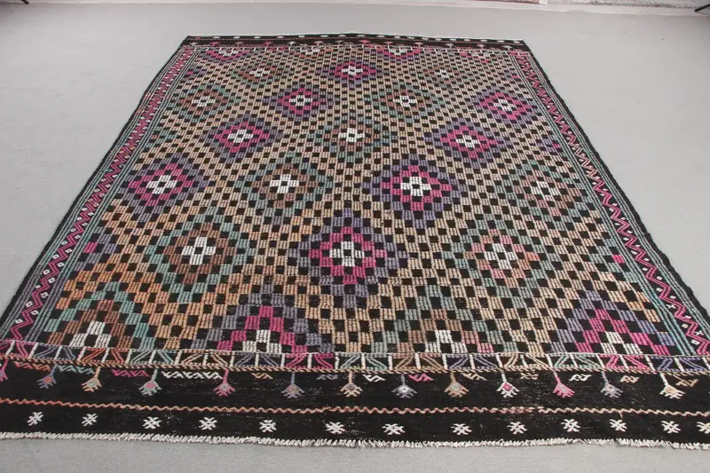 Zarif Bej ve Pembe Halı, 7,3x9,5 ft Çiçek ve Geometrik