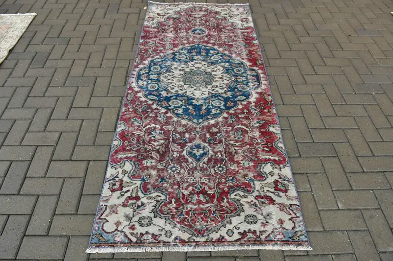 Türk 3.1x7.4 ft Halı, Oushak Vintage Halı, Kırmızı Hayvan Baskı Halı Yün - 1