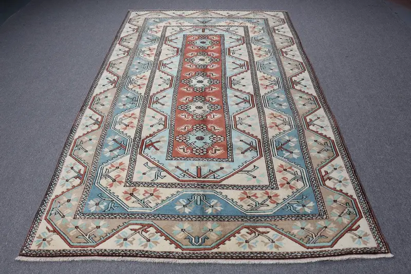 Türk Halısı, 5.3x9 ft Büyük Vintage Halı, Oushak Mavi Kahverengi İkat Halı - 1
