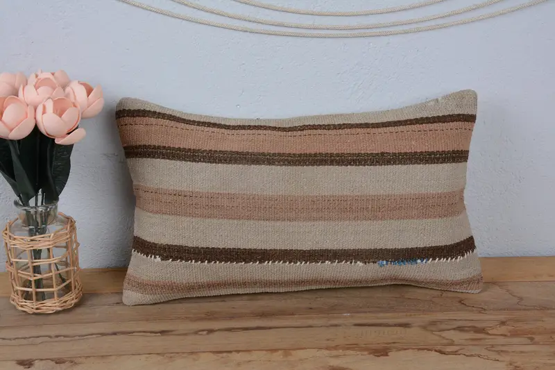 Gift Pillow, Kilim Pillow Cover, 12x20 Beige Pillow, Pillow Cover, Ethnic Throw Pillow Case, Turkish Pillow, Armchair Pillow Cover - 2