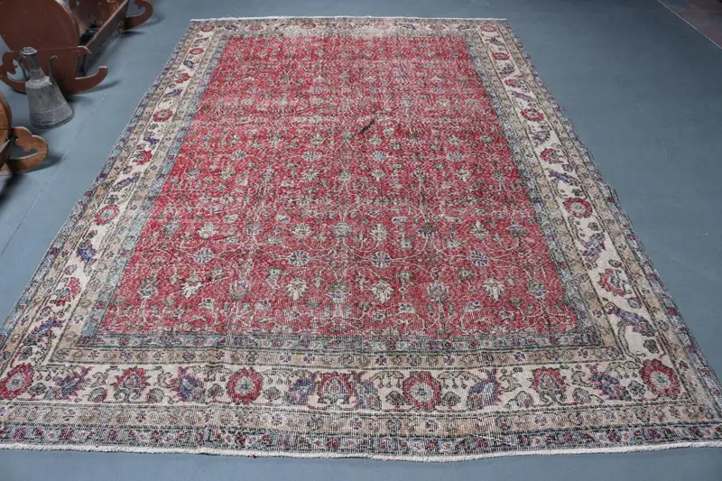 6.9x10.2 ft Vintage Büyük Boy Halı, Kırmızı Mavi Türk Kamuflaj Yün Halı - 1