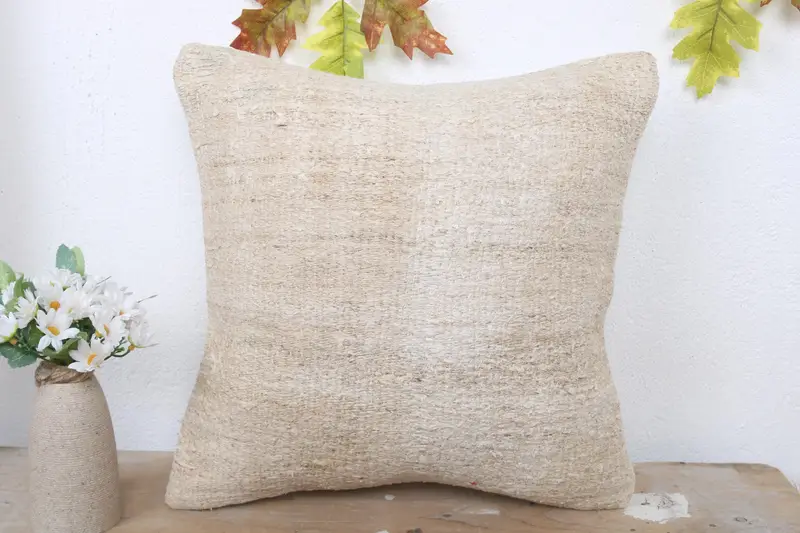 Handwoven Pillow Cover Cushion, Neutral Pillow, Home Decor Pillow, 16x16 Beige Pillow Sham, Pillow Case, Boho Pillow, Turkish Kilim Pillow - 2
