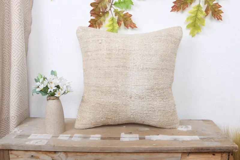 Handwoven Pillow Cover Cushion, Neutral Pillow, Home Decor Pillow, 16x16 Beige Pillow Sham, Pillow Case, Boho Pillow, Turkish Kilim Pillow - 1