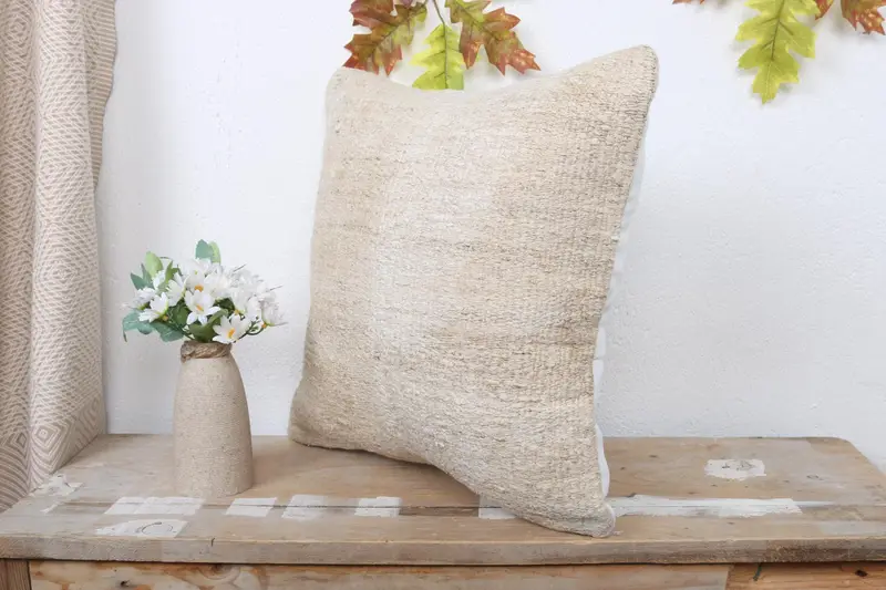 Handwoven Pillow Cover Cushion, Neutral Pillow, Home Decor Pillow, 16x16 Beige Pillow Sham, Pillow Case, Boho Pillow, Turkish Kilim Pillow - 4