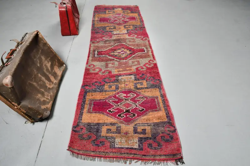 Turkish Vintage Herki Rug 2.7x9.1 ft, Red Runner Wool Rug - 1