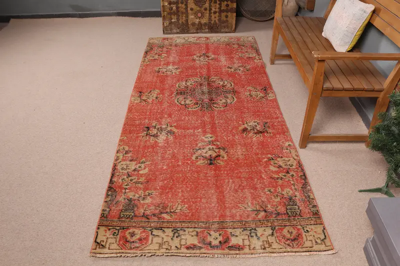 レッド&ベージュポルカドットラグ、3.7x8.7フィートシックな装飾