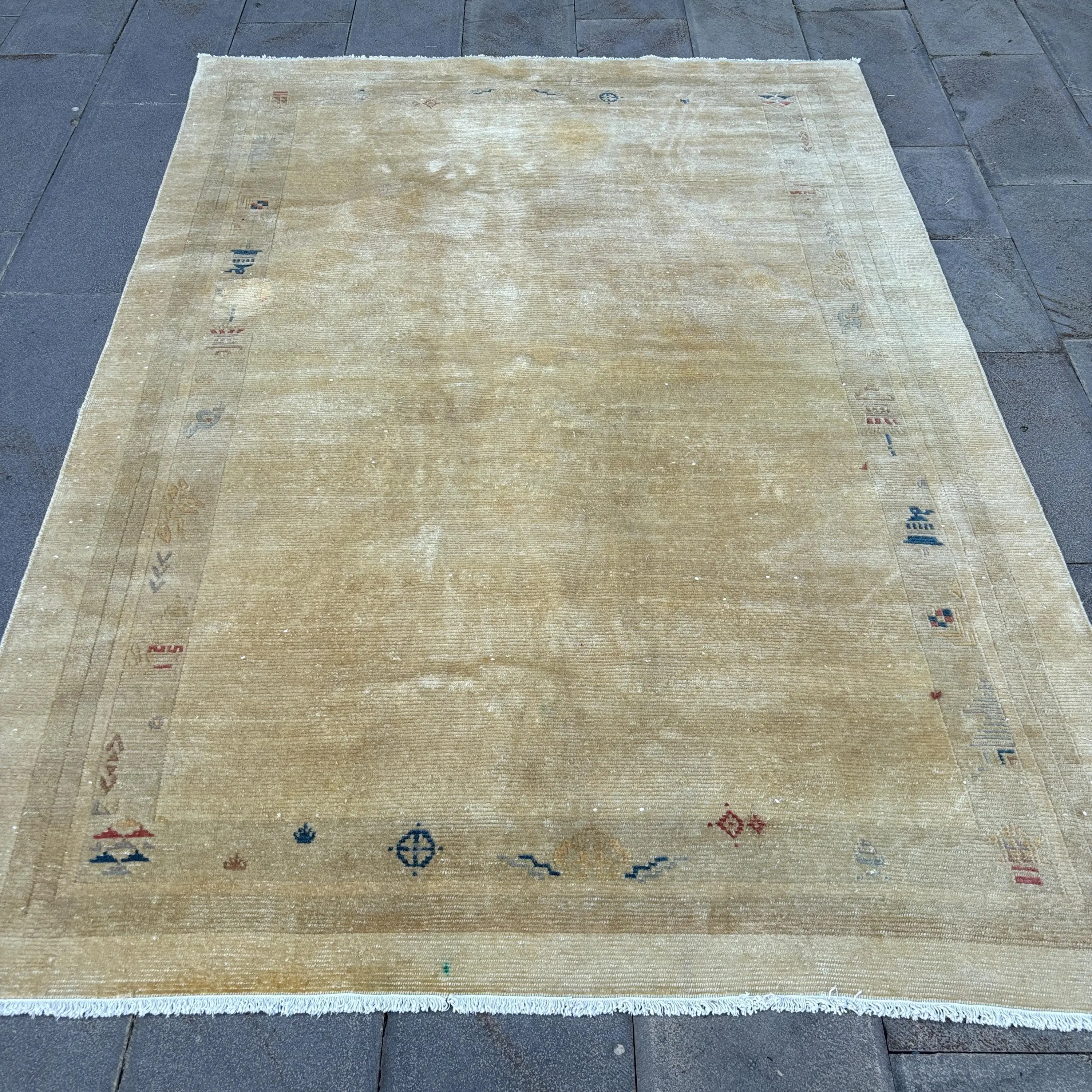 5.5x7.7 ft Türk Büyük Halı, Vintage Kahverengi Çizgili Halı - 1