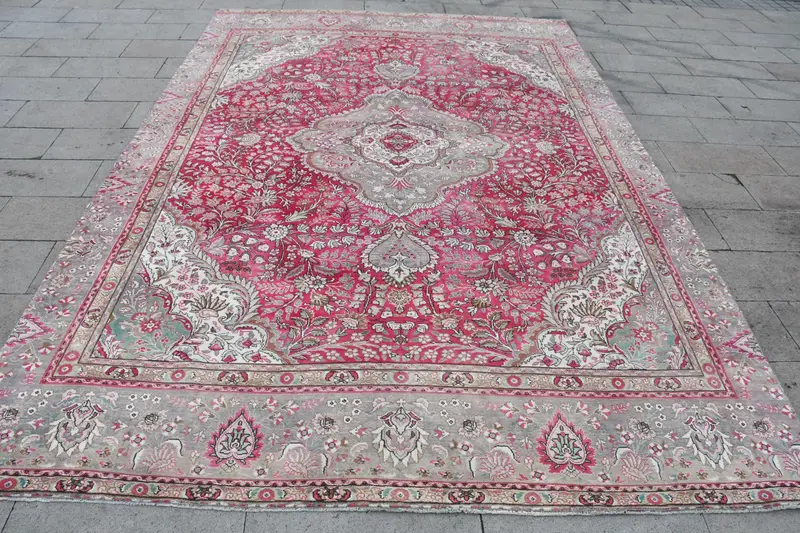 Türk Oushak Büyük Boy Halı 8.3x12.6 ft (252x385 cm), Vintage Kırmızı Soyut Yün Halı - 1