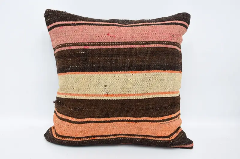 Sofa Turkish Wool Pillow, Brown 40x40 cm Antique Striped Cushion Cover - 1