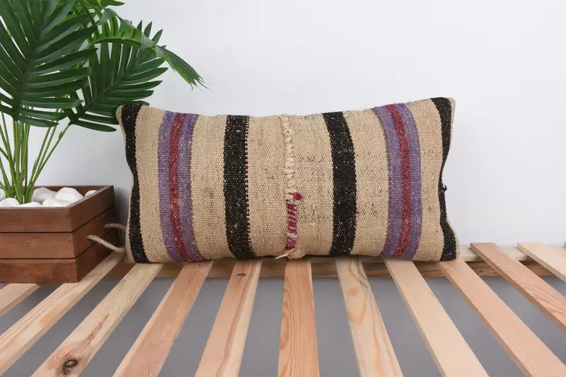 Throw Kilim Pillow, Cushion Case, Vintage Kilim Pillow, 12x24 Beige Cushion Cover, Hippie Throw Pillow Sham, Pillow for Sofa, Sofa Cushion - 1