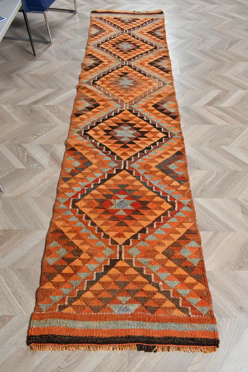 2.3x9.7 ft Vintage Turkish Rug, Runner Rug, Kilim Orange Wool Rug - 1