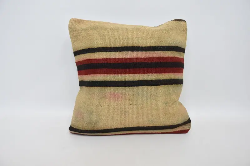 Funda de cojín beige de lana vintage, cojín cuadrado marroquí a rayas de 18x18 pulgadas - 1