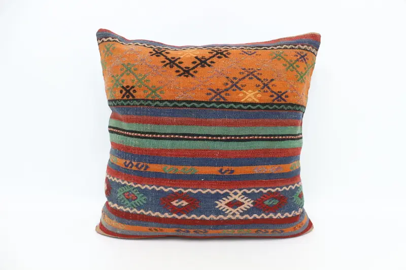 Antique Pillows, Pillow Sham, Handmade Rug Seat Cushion, Boho Pillow, 28x28 Orange Cushion Cover, Hippie Throw Cushion Cover, Kilim Pillow - 1