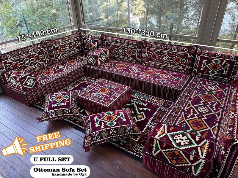 Red & Gray Kilim-Inspired Ottoman Sofa Set, Country Style Modular Ottoman