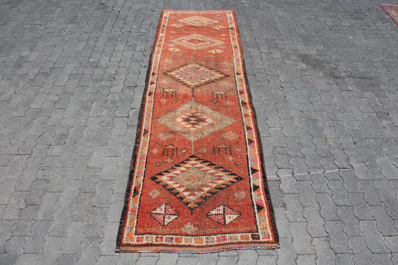 3.1x10.6 ft Turkish Rug, Vintage Runner Rug, Red Black Bordered Wool Rug - 1