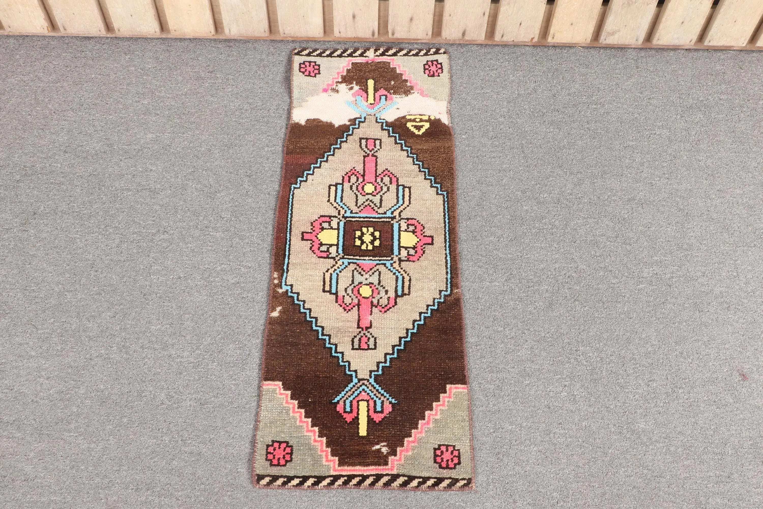 Vintage Turkish Small Rug 1.1x2.8 ft (34x86 cm), Brown Ikat Rug - 1